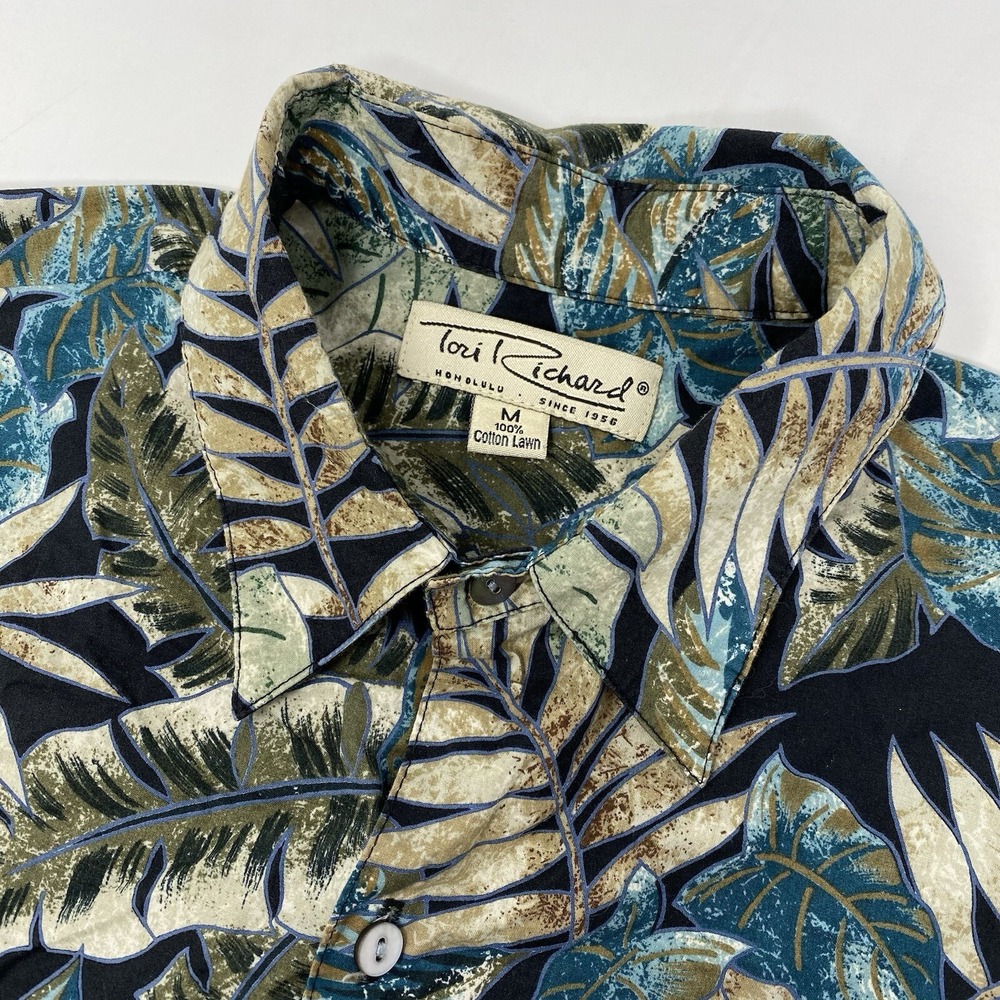 Tori Richard Shirt Mens M Blue Green Tropical Leaf Cotton Lawn Aloha Button Up